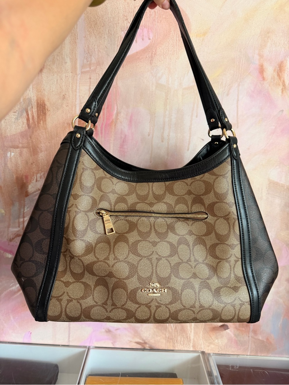 Coach Brown Signature Canvas Shoulder Bag with Black Trim